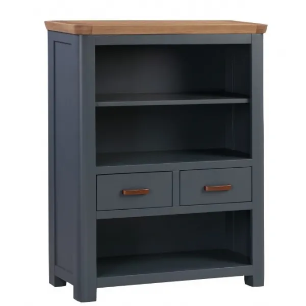 Solid Oak and Blue Low Bookcase