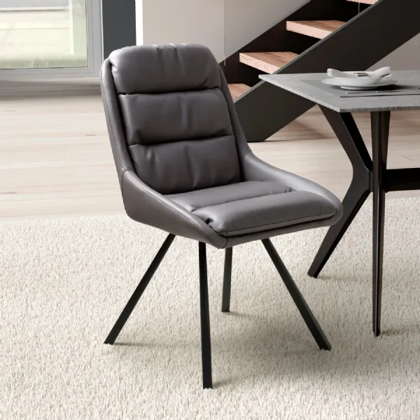 Dark Grey Leather Swivel Dining Chair Black Metal Legs