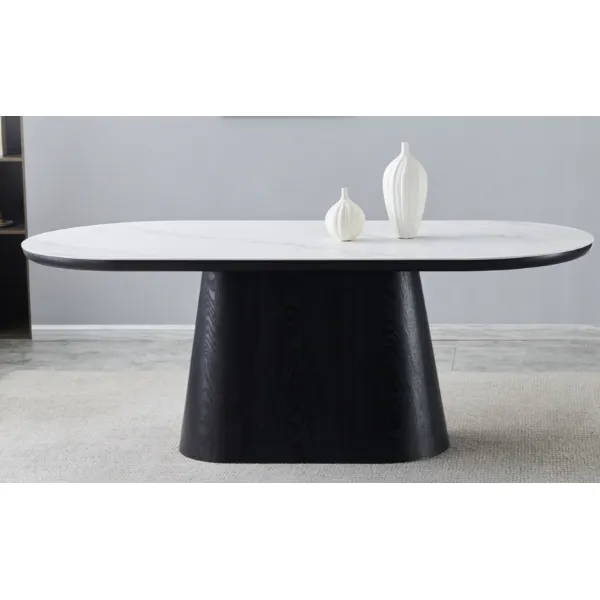 White Top Sintered Stone and Black Wood 200cm Oval Dining Table