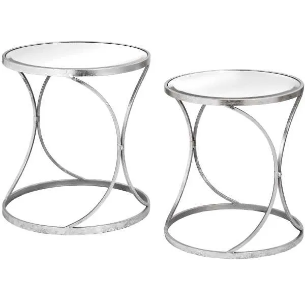 Silver Curved Design Metal Set Of 2 Side Tables With Mirrored Glass Tops