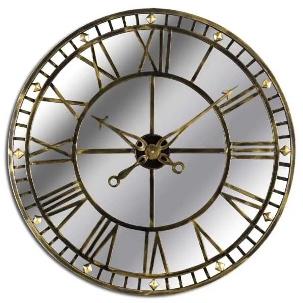 Large Round Antique Brass Mirrored Glass Skeleton Wall Clock 80cm Diameter