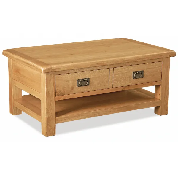 Rustic Solid Oak Coffee Table with Drawer and Shelf
