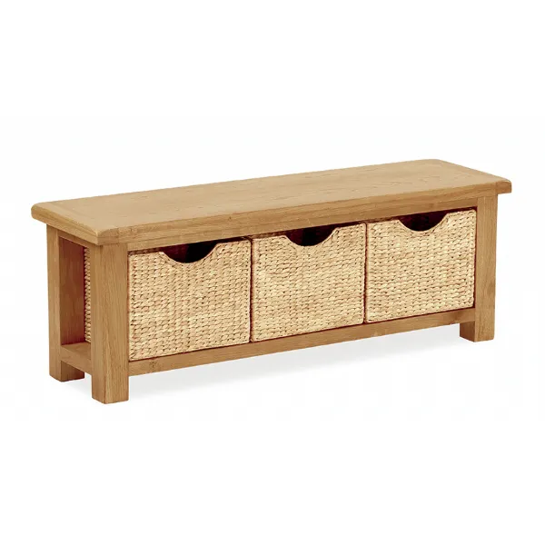 Rustic Solid Oak Bench Seating with 3 Baskets