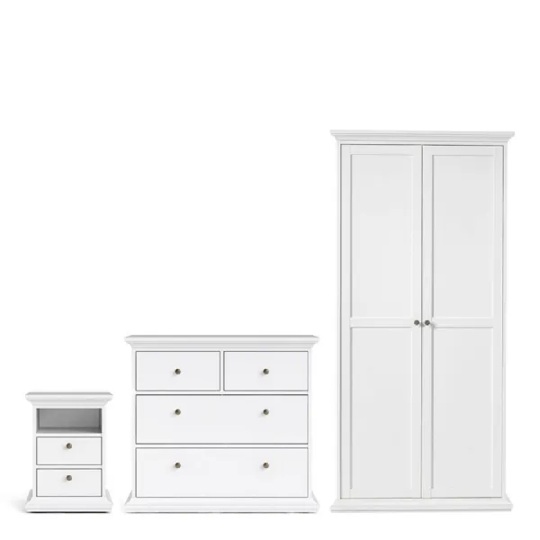 Paris Package Bedside 2 Drawers in + Chest of 4 Drawers + Wardrobe with 2 Doors White
