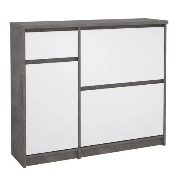 Shoe Cabinet with 2 Shoe Compartments, 1 Door and 1 Drawer in Concrete and White High Gloss