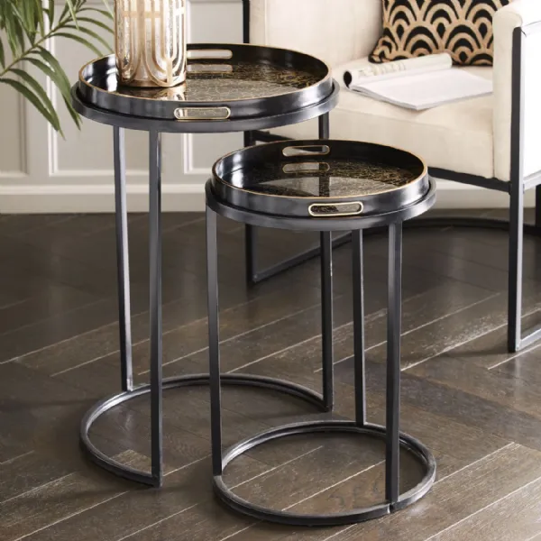 Coral Effect Black and Gold Round Tray Top Nesting Tables