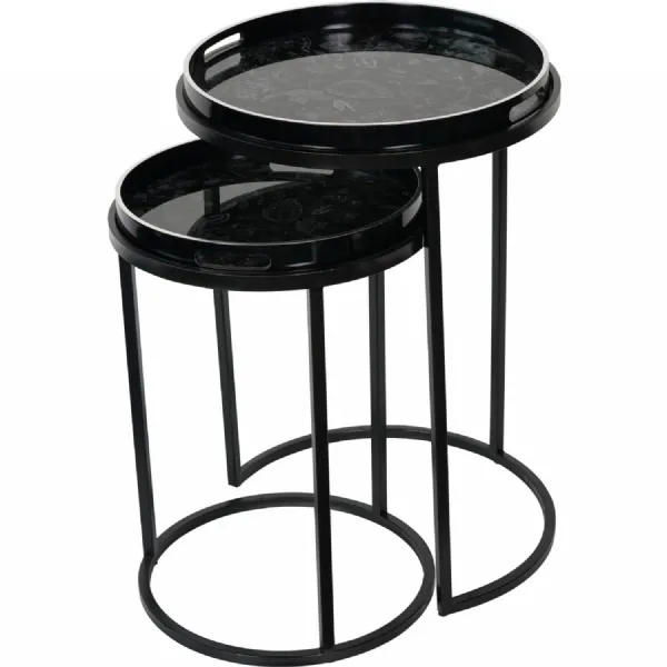 Black Floral Design Round Set of 2 Tray Top Side Tables