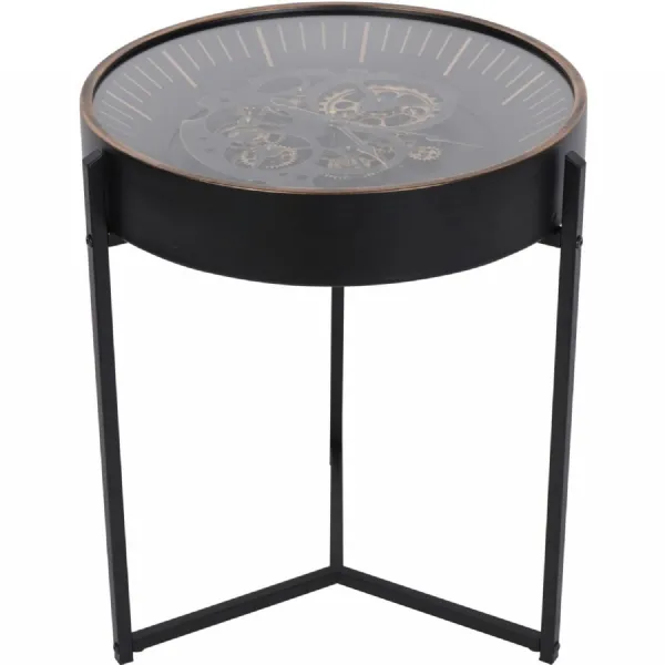 Black Metal Round Framed Clock Top Side Table