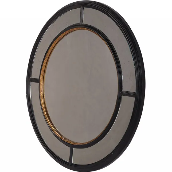 Antique Black Wood Round Wall Mirror 90cm Diameter