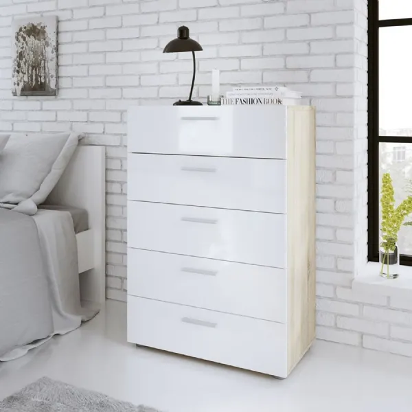 Modern Chest of 5 Drawers in Oak With White High Gloss 70 x 102cm