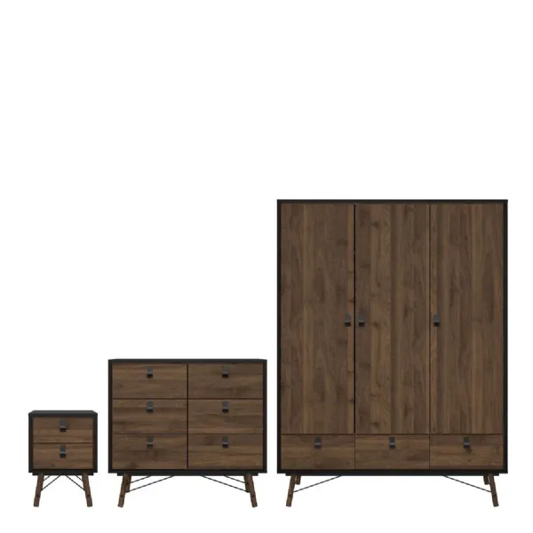 Ry Package Wardrobe 3 doors + 3 drawers + Double chest of drawers 6 drawers + Bedside cabinet 2 drawer in Matt Black Walnut
