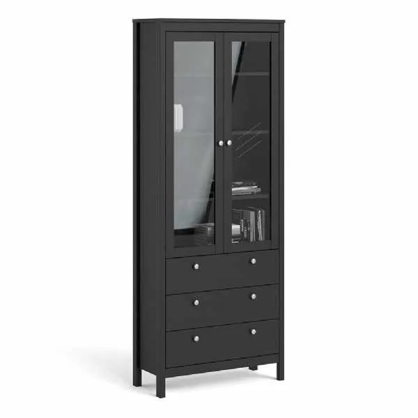 Matt Black 2 Glass Door 3 Drawer Cabinet With Metal Knobs 199x77.85cm