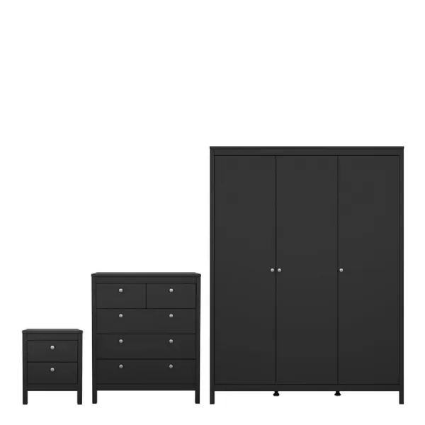 Madrid Package Bedside Table 2 drawers + Chest 3+2 drawer + Wardrobe with 3 doors in Matt Black