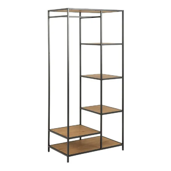 Seaford Black Metal Clothes Rack with 5 Oak Shelves