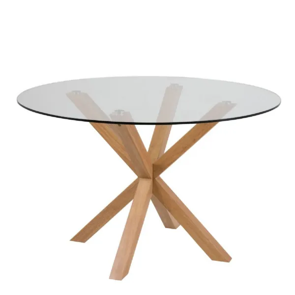Heaven Round Dining Table with Clear Glass Top and Oak Legs