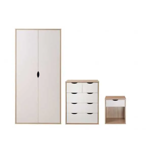 2 Tone White and Light Oak Finished 5 Drawer 3 Piece Double Wardrobe Bedroom Set