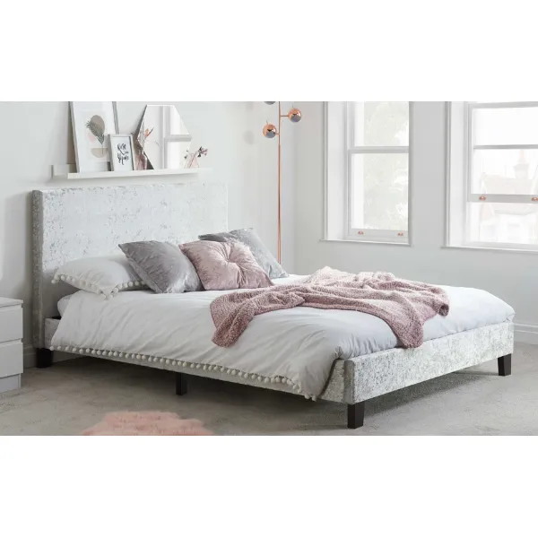 150cm King Size Low End Bed in Steel Crushed Velvet Fabric