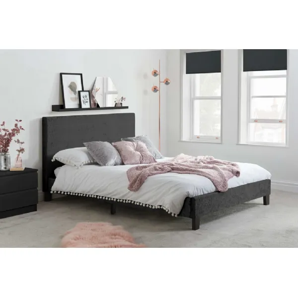 150cm King Size Low End Bed in Black Crushed Velvet Fabric