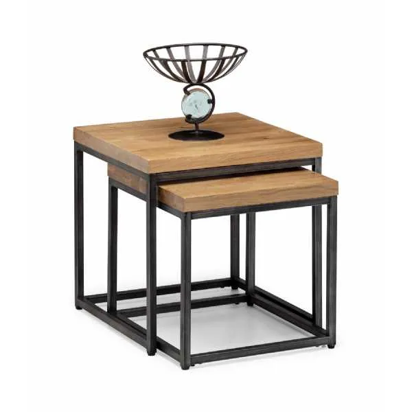 Rustic Finish Solid Oak 2 Nesting Lamp Tables Industrial Style Metal Legs