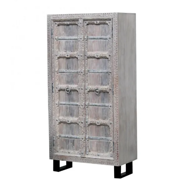 Indian Style Tall Cabinet With Carved Wooden 2 Doors