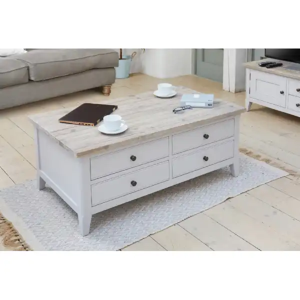 Grey Painted Coffee Table Limed Wood Lift Up Top