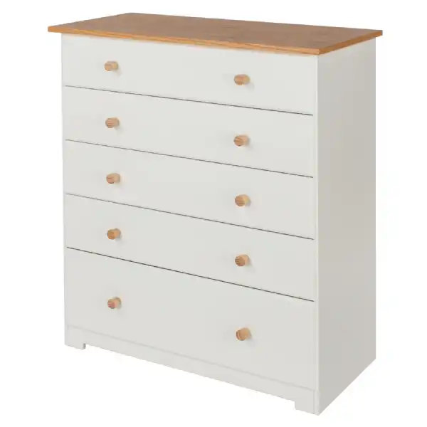Soft White Painted Oak Top Bedroom Chest of 5 Drawers 80cm Wide