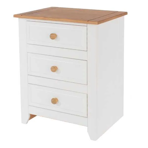 Capri Modern Solid Pine 3 Drawer Bedside Table Cabinet in Arctic White 56x52x40cm