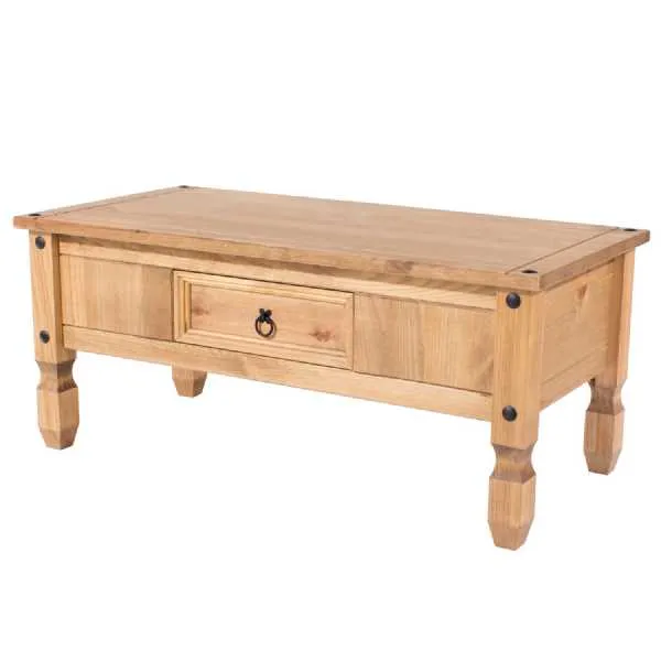 1 Drawer Coffee Table in Solid Natural Pinewood and Black Metal Handles 107cm Wide