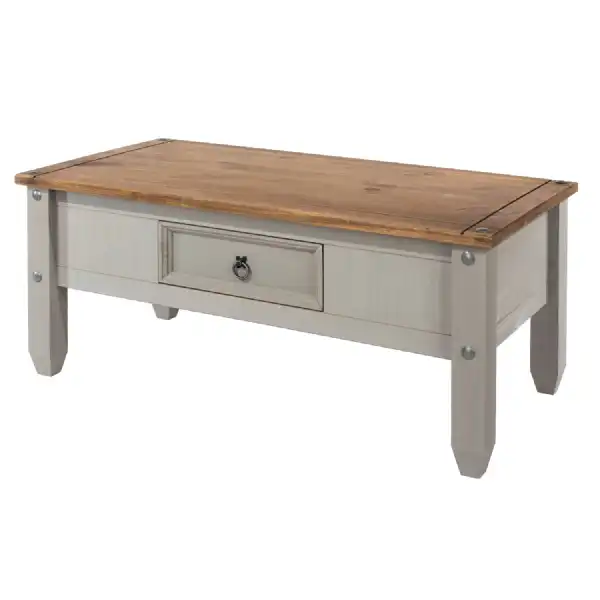 Large Vintage Solid Pine Grey Wash Low 1 Drawer Coffee Sofa Table Oak Top 107cm