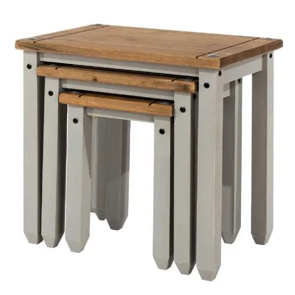 Corona Modern Industrial Grey Painted Solid Pine Stackable Nest Of 3 Tables