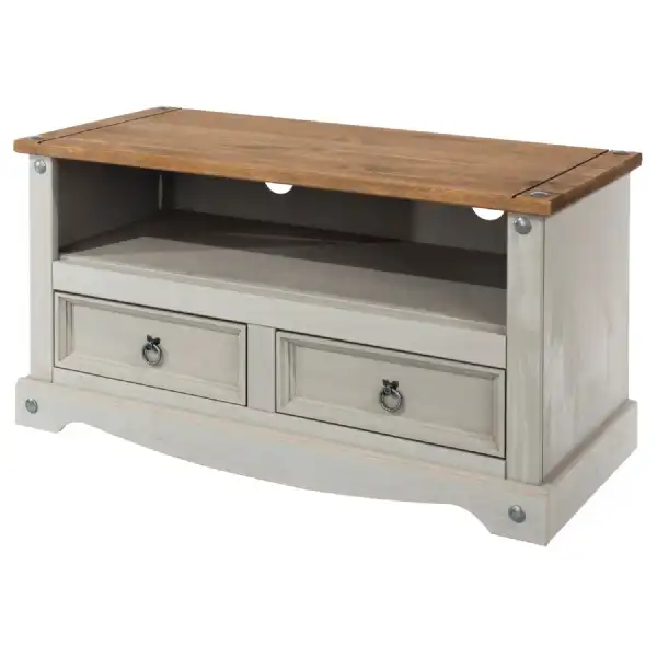 Traditional Retro Solid Pine Top Grey 2 Drawer TV Unit With Pull Handles 51x95x43.5cm