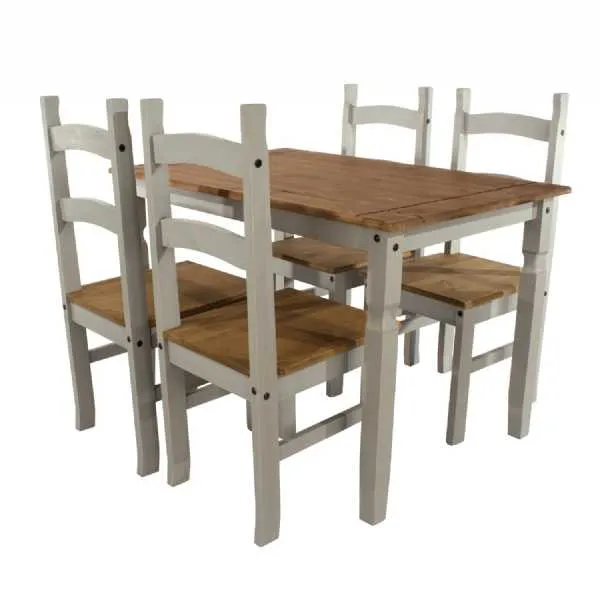 Grey Painted Rectangular Kitchen Dining Table and 4 Chair Set Waxed Pine