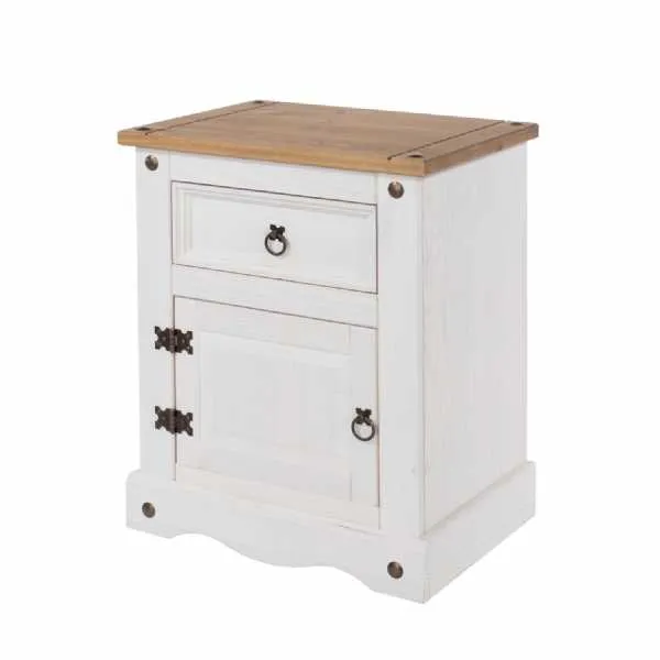 Corona Modern White Solid Pinewood 1 Door 1 Drawer Bedside Table Cabinet 66x53x38cm