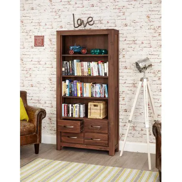 Solid Walnut Large Bookcase With 4 Drawer Base Dark Wood Finish