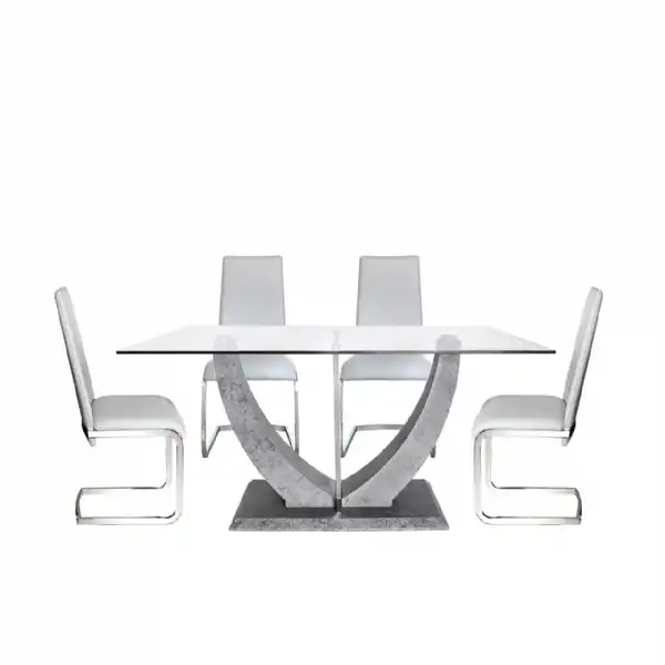 V Shaped Glass Dining Table Set 4 Grey Leather Chairs