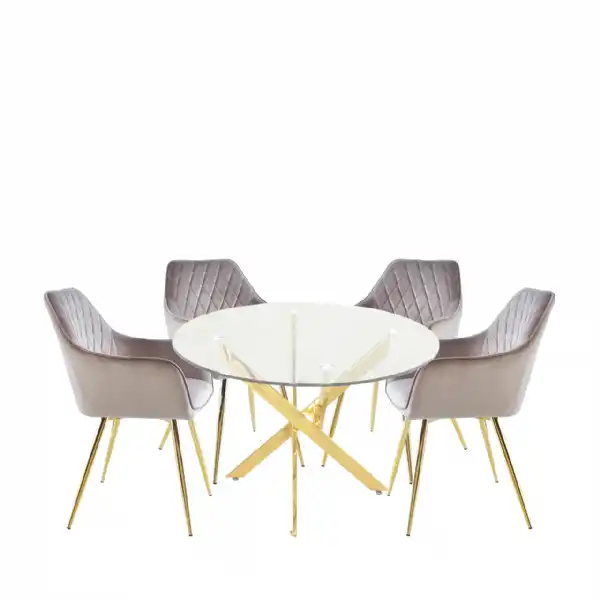 Gold Round Dining Set 4 Quinn Grey Chairs