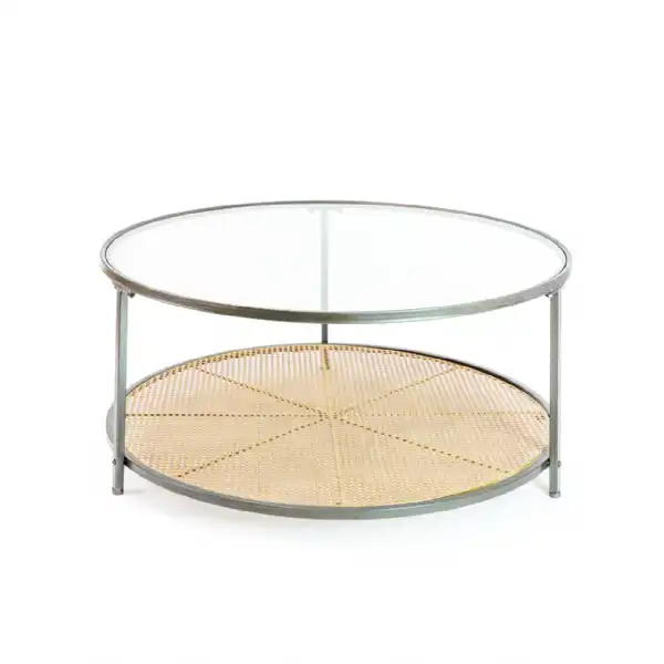Silver Round Glass Coffee Table with Rattan Base
