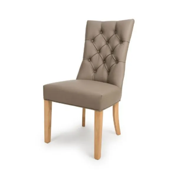 Taupe Leather Effect Buttoned Back Dining Chair Oak Legs