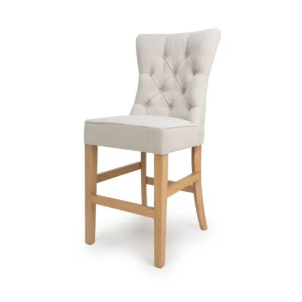 Linen Fabric Buttoned Bar Stool Oak Legs with Foot Rest