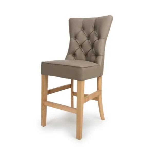 Taupe Leather Buttoned Bar Stool Chair with Oak Legs