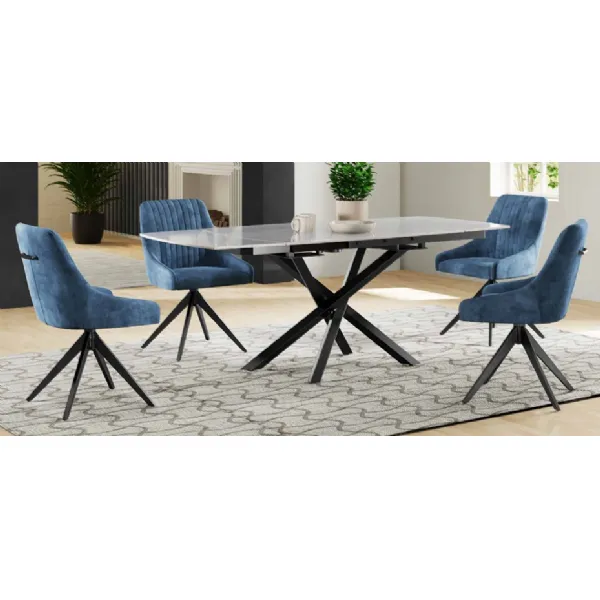 Light Grey Ceramic Swivel Extending Dining Table and 4 Blue Velvet Swivel Chairs