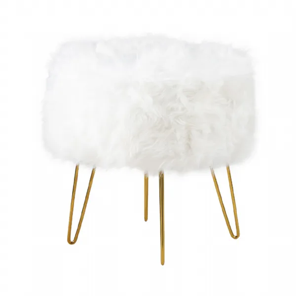 White Faux Fur Stool Ottoman With Gold Legs