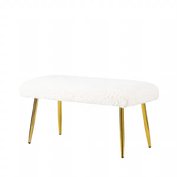 White Boucle Bench With Gold Legs