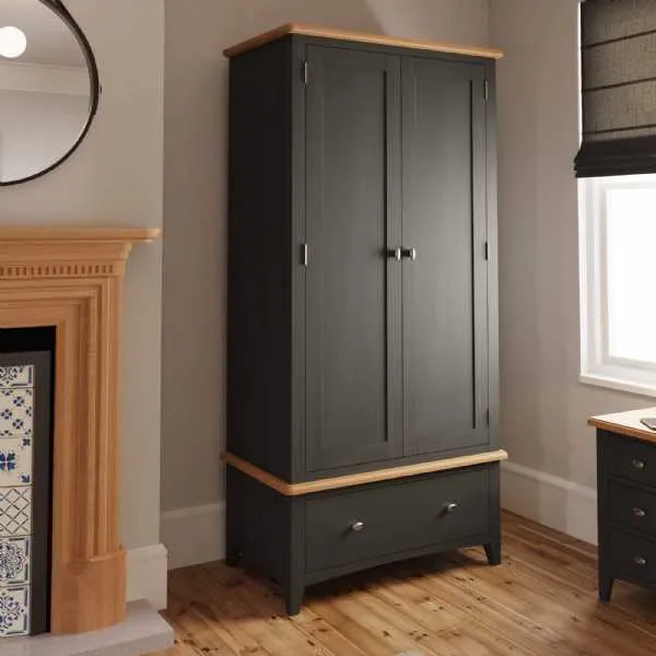 Oak Trimmed Grey Painted 2 Door Double Gents Wardrobe with Drawer 185cm Tall