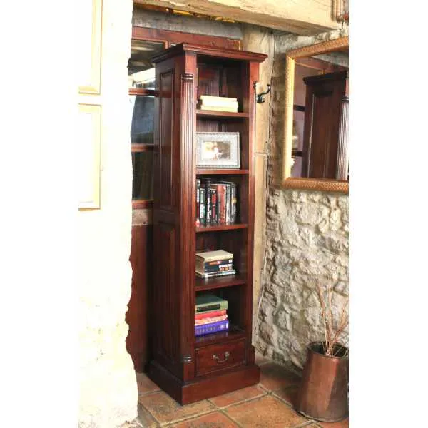 Tall Narrow Slim Alcove 1 Drawer Bookcase Mahogany Traditional Dark Wood Finish