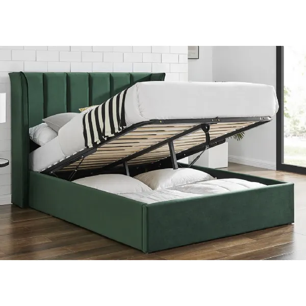 Emerald Green Velvet Fabric Ottoman 5ft King Size Bed