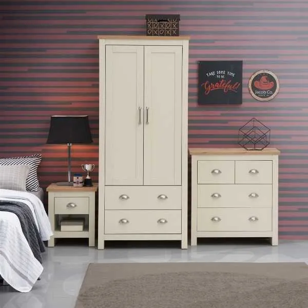 Cream Wooden 3 Piece Modern Bedroom Furniture Set with Oak Tops