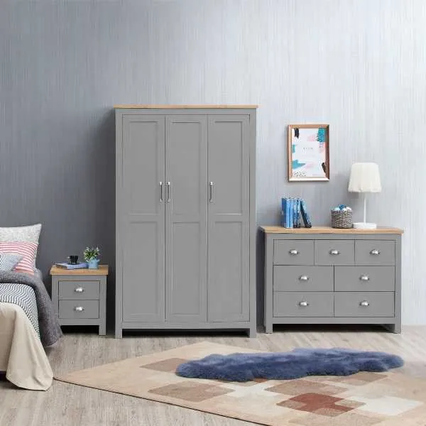 Light Grey Oak Tops 3 Piece Bedroom Set (3 Door Wardrobe, 3+4 Chest, 2 Drawer Bedside)