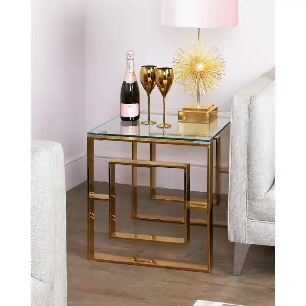 Gold Metal Square Lamp Table Clear Glass Top