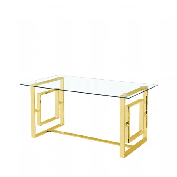 Gold Metal Geometric Frame Glass Top Dining Table